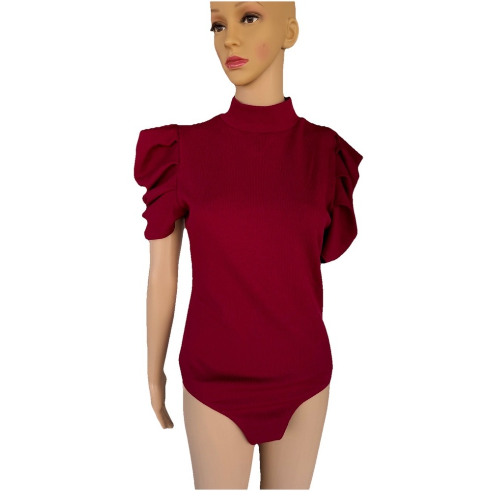Women's Expo Puff Sleeve Perfect Fit Mock Turtleneck Body Shirt Red Size Large